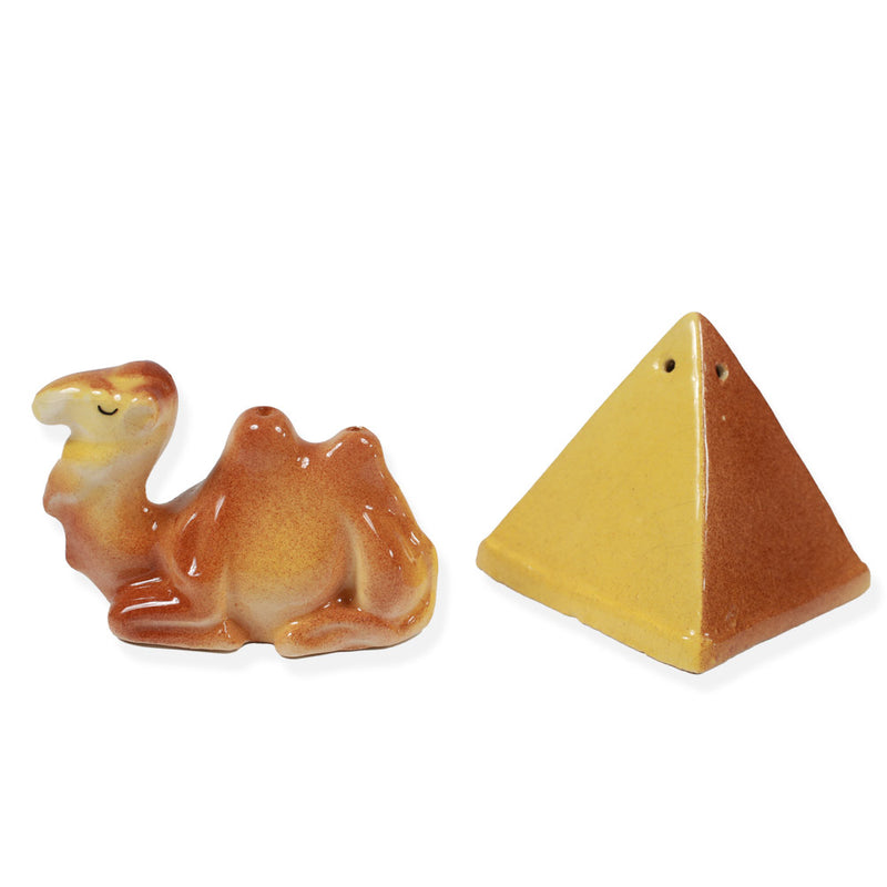 Vintage Pyramid and Camel Ceramic Salt and Pepper Shaker Set FRONT