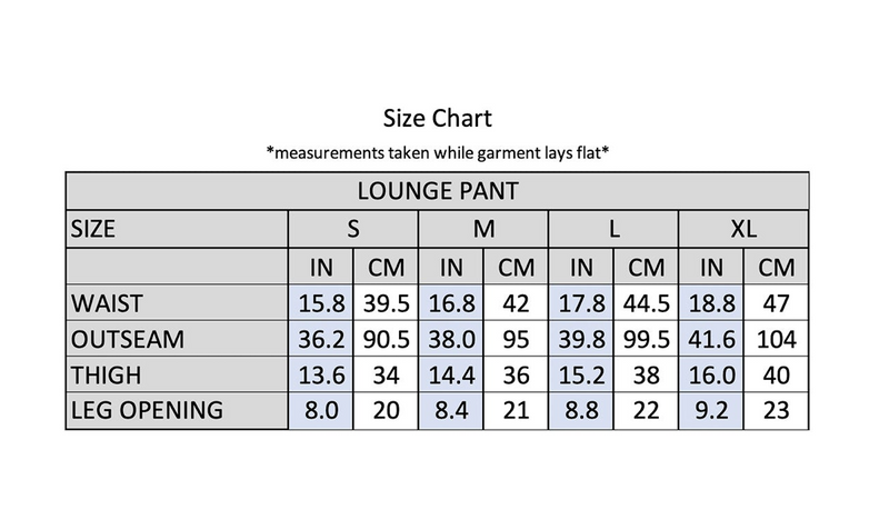 lounge pant size chart