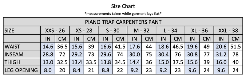 Theories PIANO TRAP Carpenter Pant Washed Lavender SIZE CHART