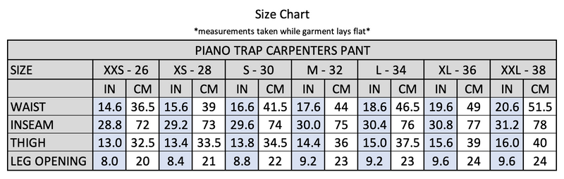 Theories PIANO TRAP Double Knee Carpenter Pant Sage Contrast Stitch SIZE CHART