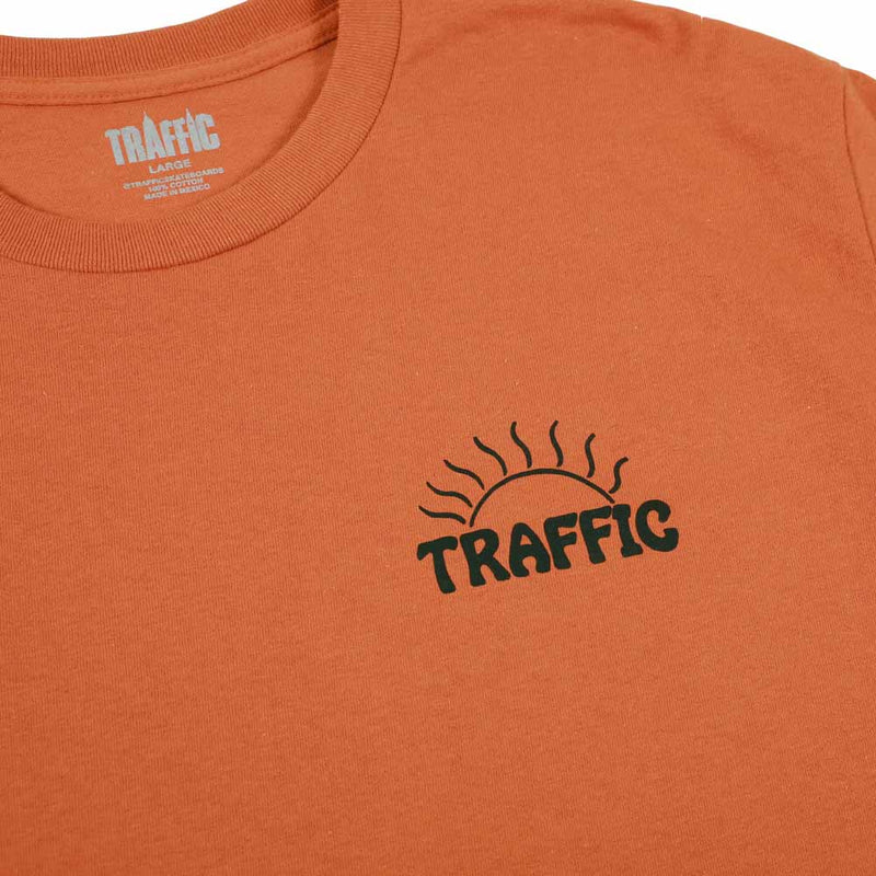 Traffic Skateboards BE HERE NOW TEE TEXAS ORANGE FRONT DEtAIL