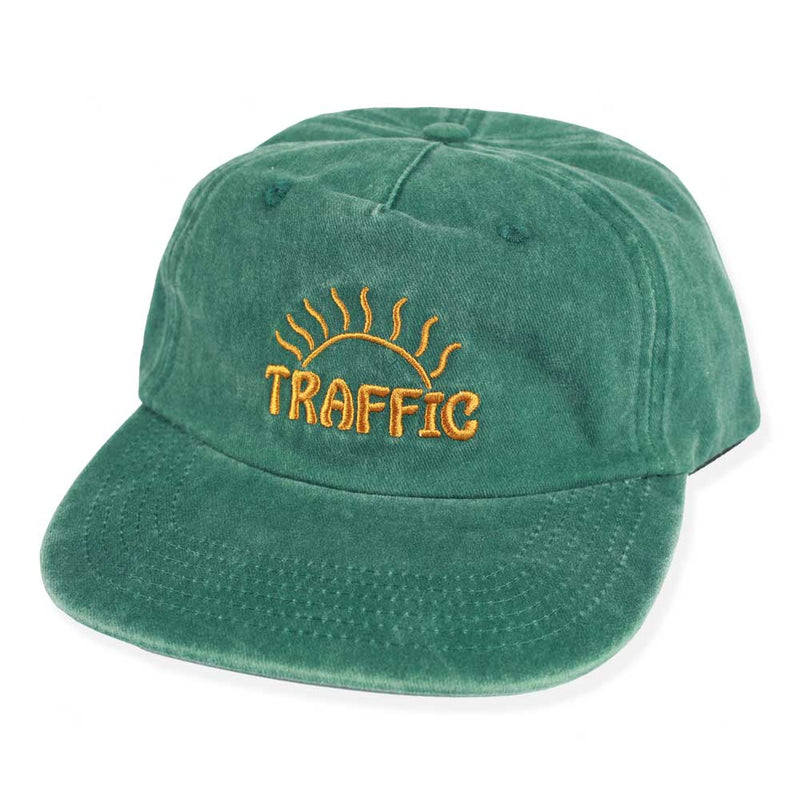 Traffic Skateboards BE HERE NOW Denim Snapback Hat GREEN FRONT