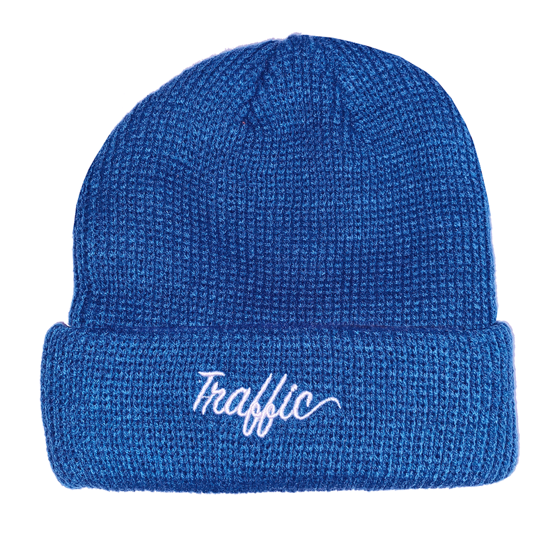 Traffic Skateboards Script Embroidered Beanie Royal Blue front