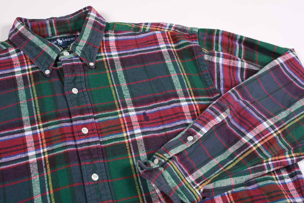 Vtg Polo By Ralph Lauren shops L Green Pink Purple Plaid Short Sleeve Button Shirt