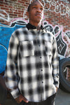 Theories CASCADIA CORD COLLAR FLANNEL Shirt Black / White model buttoned outside brick wall