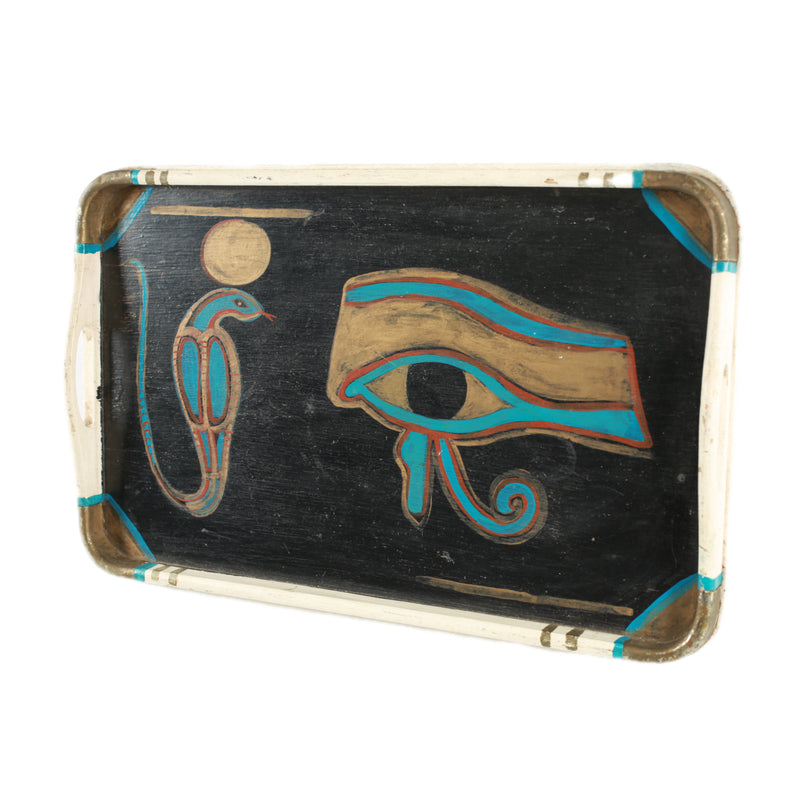 Vintage Egyptian Heiroglyphics Hand Painted Wood Rolling Tray front