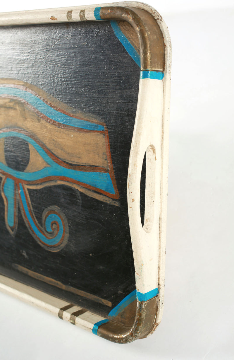 Vintage Egyptian Heiroglyphics Hand Painted Wood Rolling Tray handle detail
