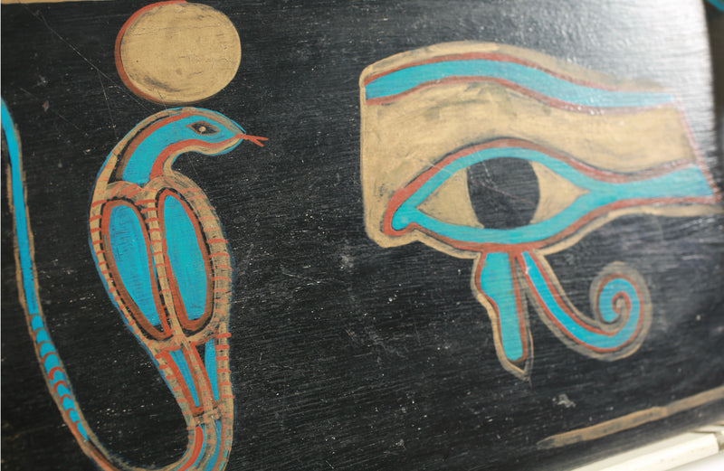 Vintage Egyptian Heiroglyphics Hand Painted Wood Rolling Tray detail symbols
