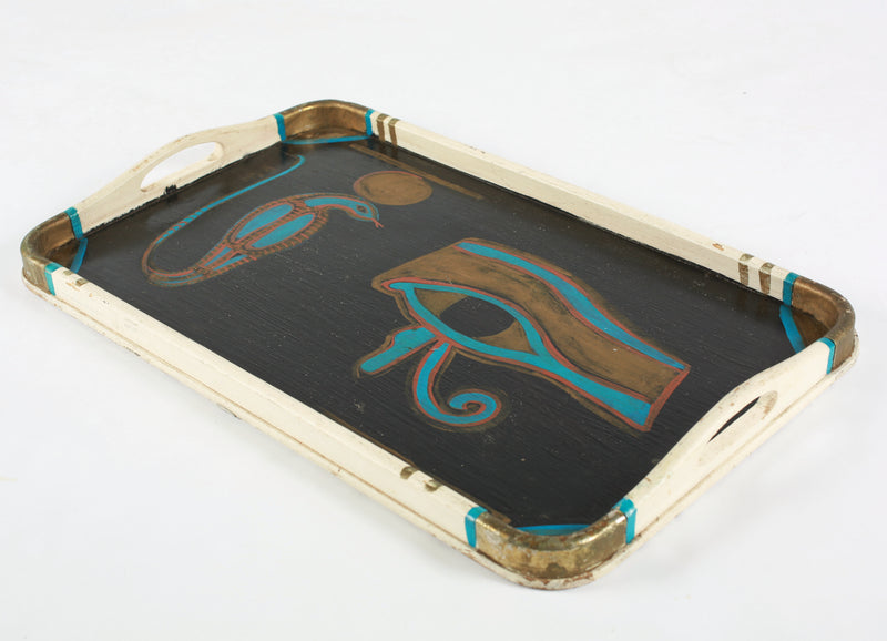 Vintage Egyptian Heiroglyphics Hand Painted Wood Rolling Tray flat right angle