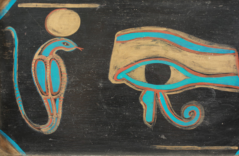 Vintage Egyptian Heiroglyphics Hand Painted Wood Rolling Tray symbols detail 2