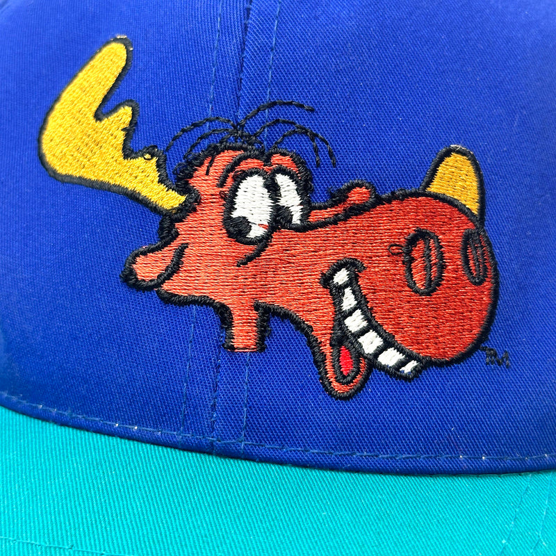 Vintage Rocky & Bullwinkle Embroidered Snapback Hat Blue / Teal front embroidery detail