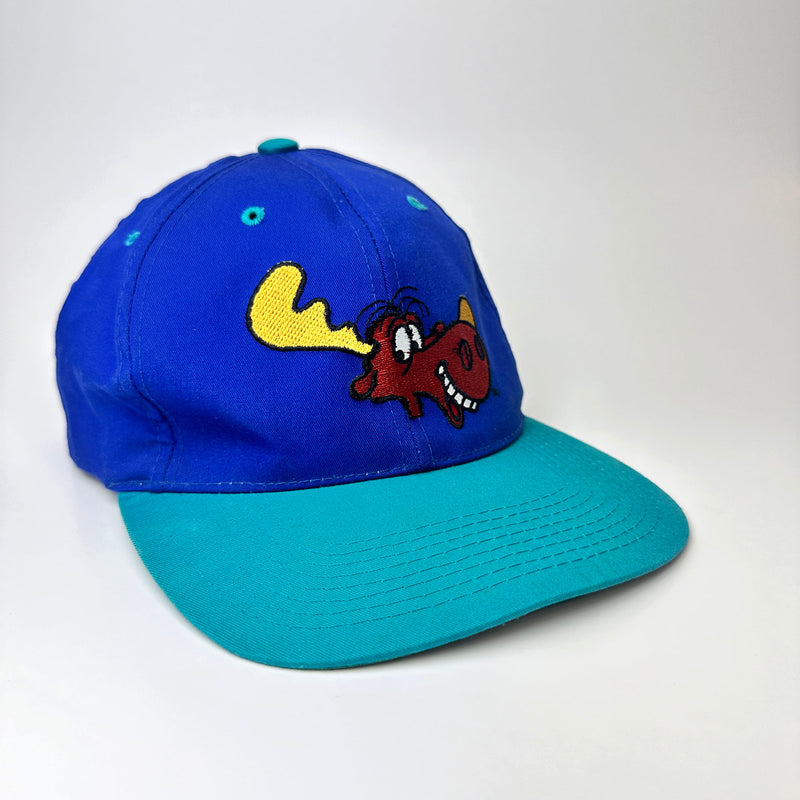 Vintage Rocky & Bullwinkle Embroidered Snapback Hat Blue / Teal front angle left