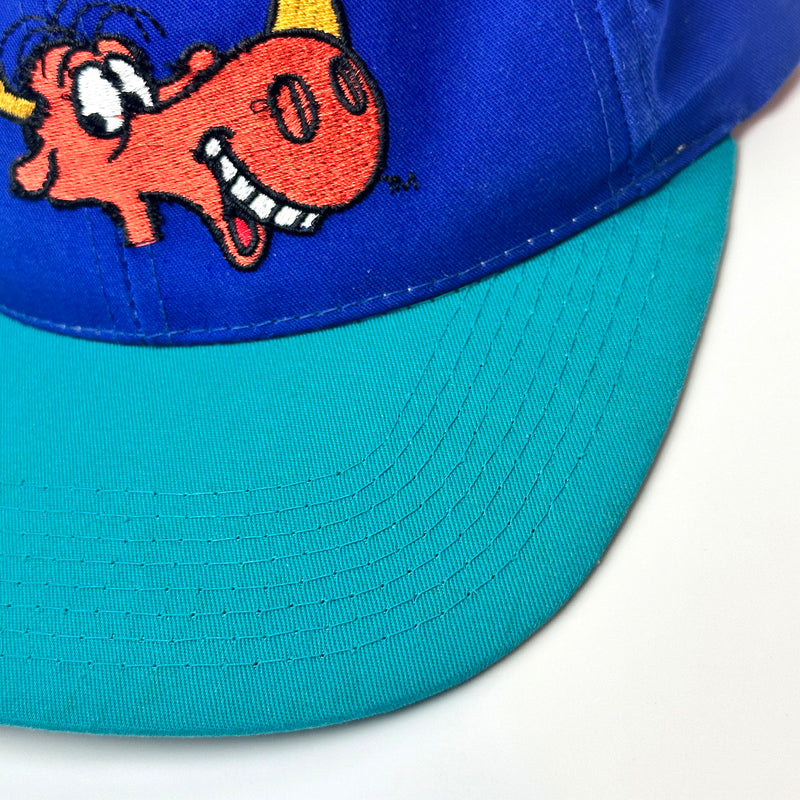 Vintage Rocky & Bullwinkle Embroidered Snapback Hat Blue / Teal right bill detail
