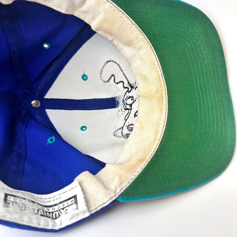 Vintage Rocky & Bullwinkle Embroidered Snapback Hat Blue / Teal sweatband detail